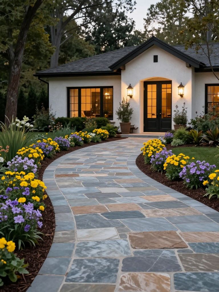 A curved natural stone driveway in a modern rustic style, bordered by neatly planted flower beds filled with vibrant yellow and soft purple.