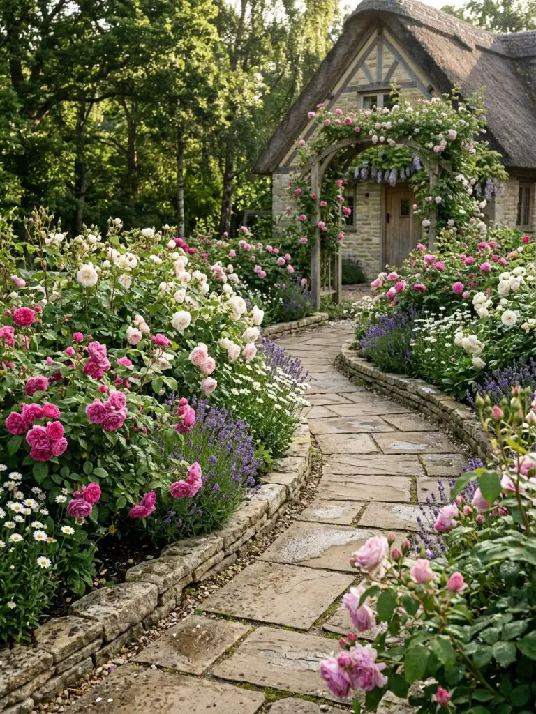 A small rose garden with a curved stone pathway, styled in cottage-inspired modern rustic design.