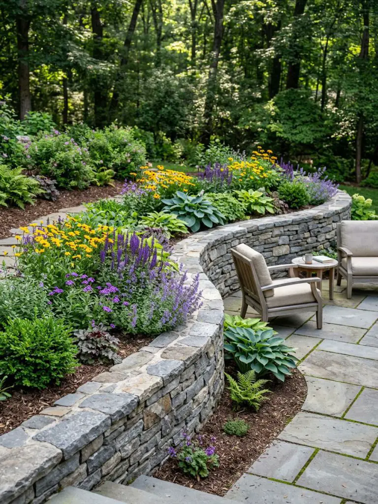 A softly curved retaining wall garden wrapping around a patio corner in a modern rustic style, built with stacked stone and filled with mixe.