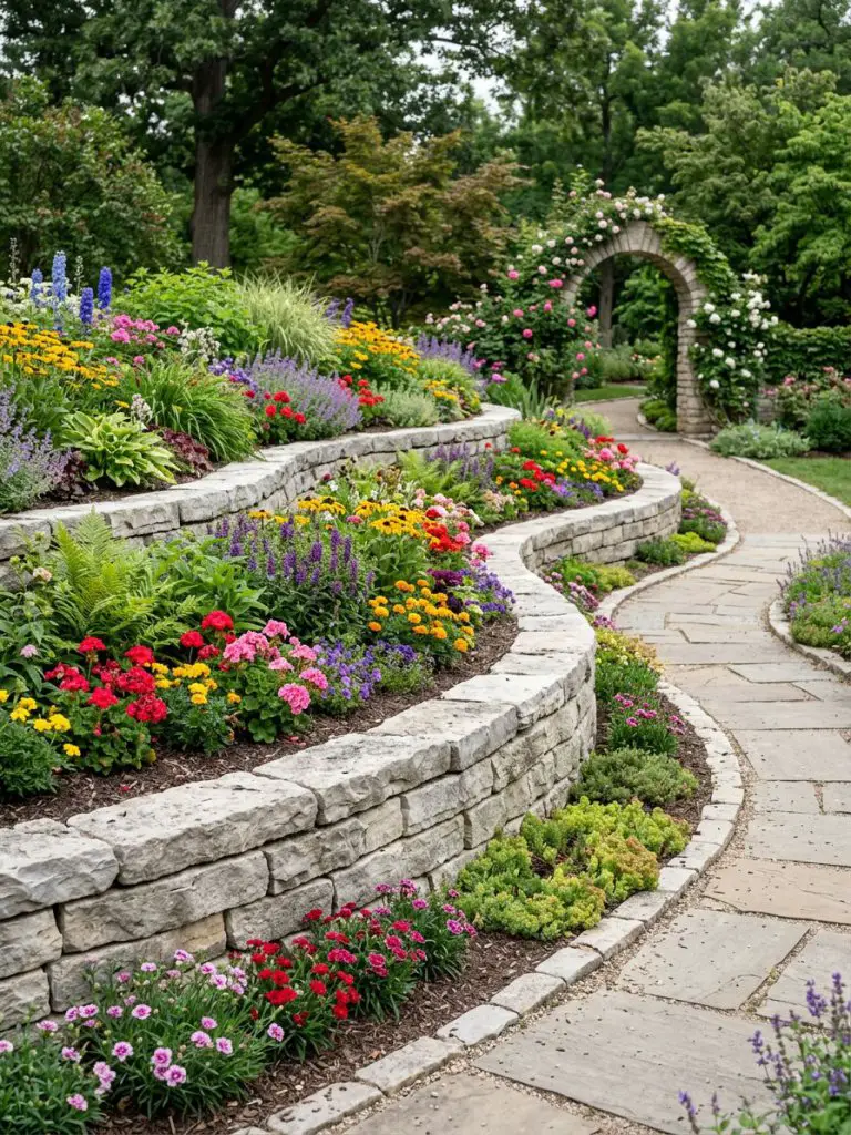 A gently curving layered flower bed constructed with stacked light-gray stone retaining walls, forming multiple tiers filled with colorful b.