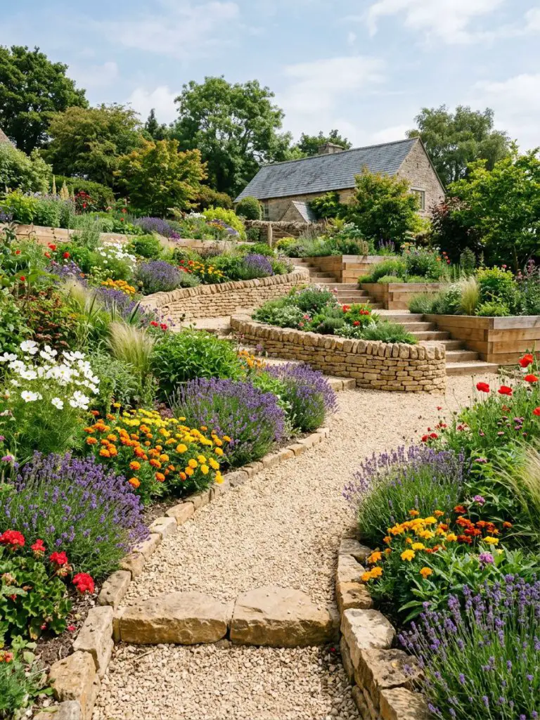 A creatively designed sloped garden with curved retaining wall flower beds and a winding pathway in a modern rustic landscape style.