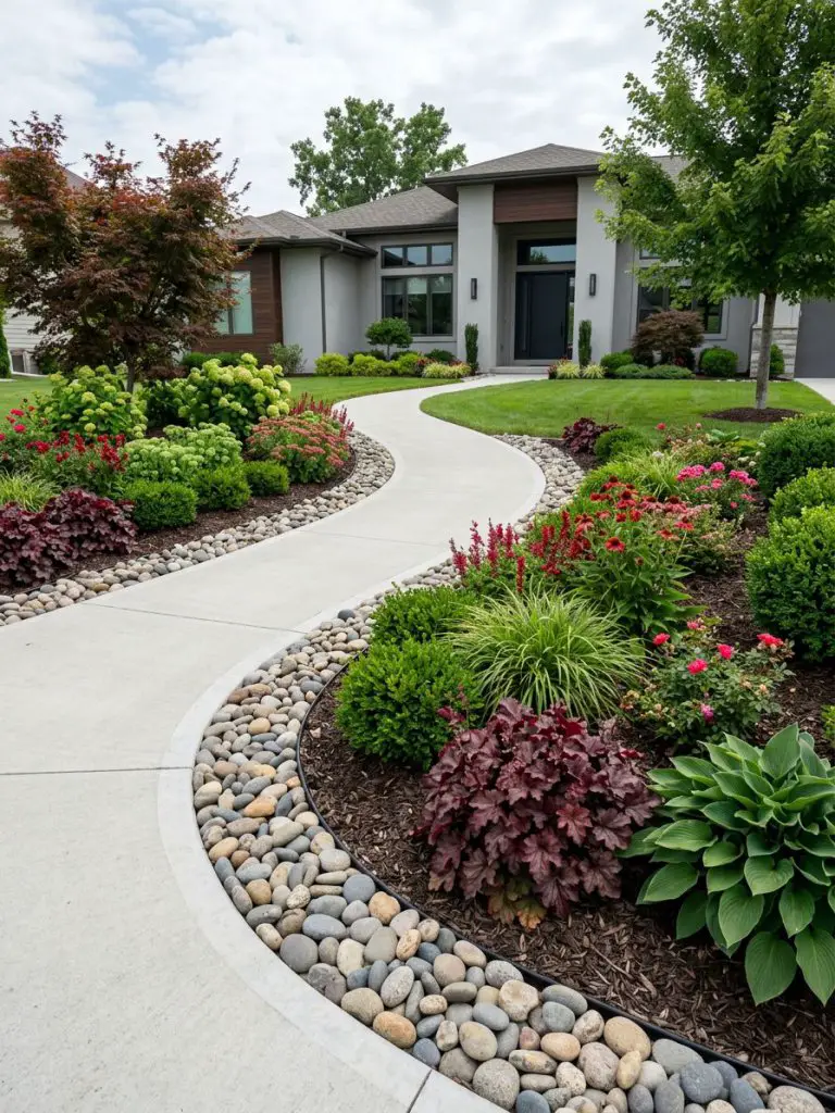A flowing front yard flower bed designed along a curved concrete walkway, incorporating smooth river rocks and structured planting in a mode.