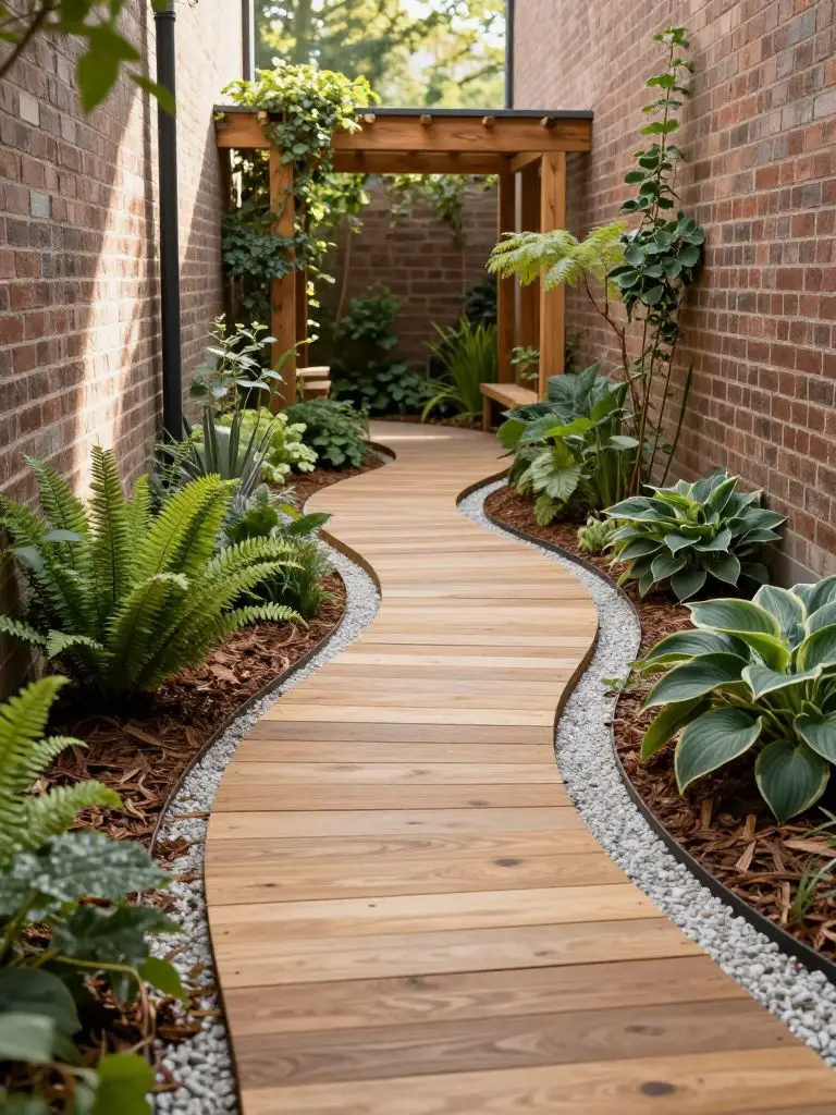 A narrow side yard garden designed in a warm minimalist and modern rustic style, featuring a gently curved wooden plank pathway set within s.