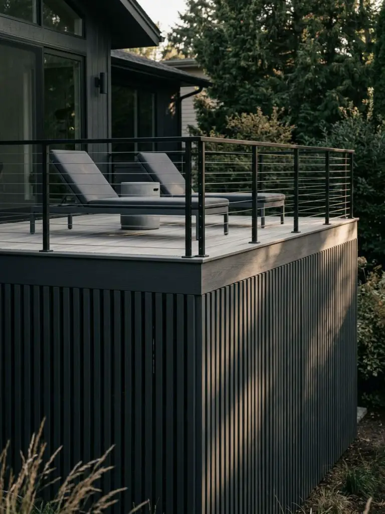 A dramatic modern deck design featuring dark charcoal slatted skirting with strong architectural lines.