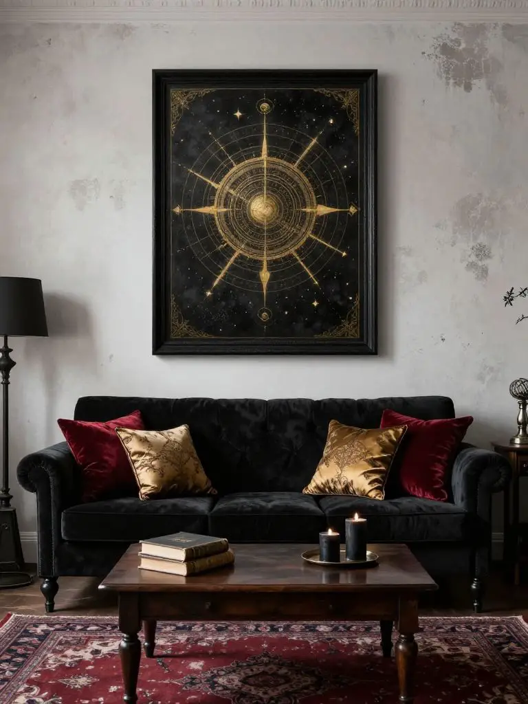 A dark gothic living room scene featuring a black velvet sofa centered against a distressed white plaster wall with subtle grunge texture.