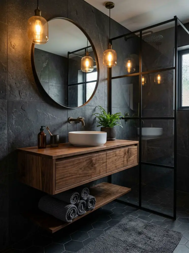 A dark-toned minimalist small bathroom with rich textures, featuring charcoal tiles and a floating wood vanity.