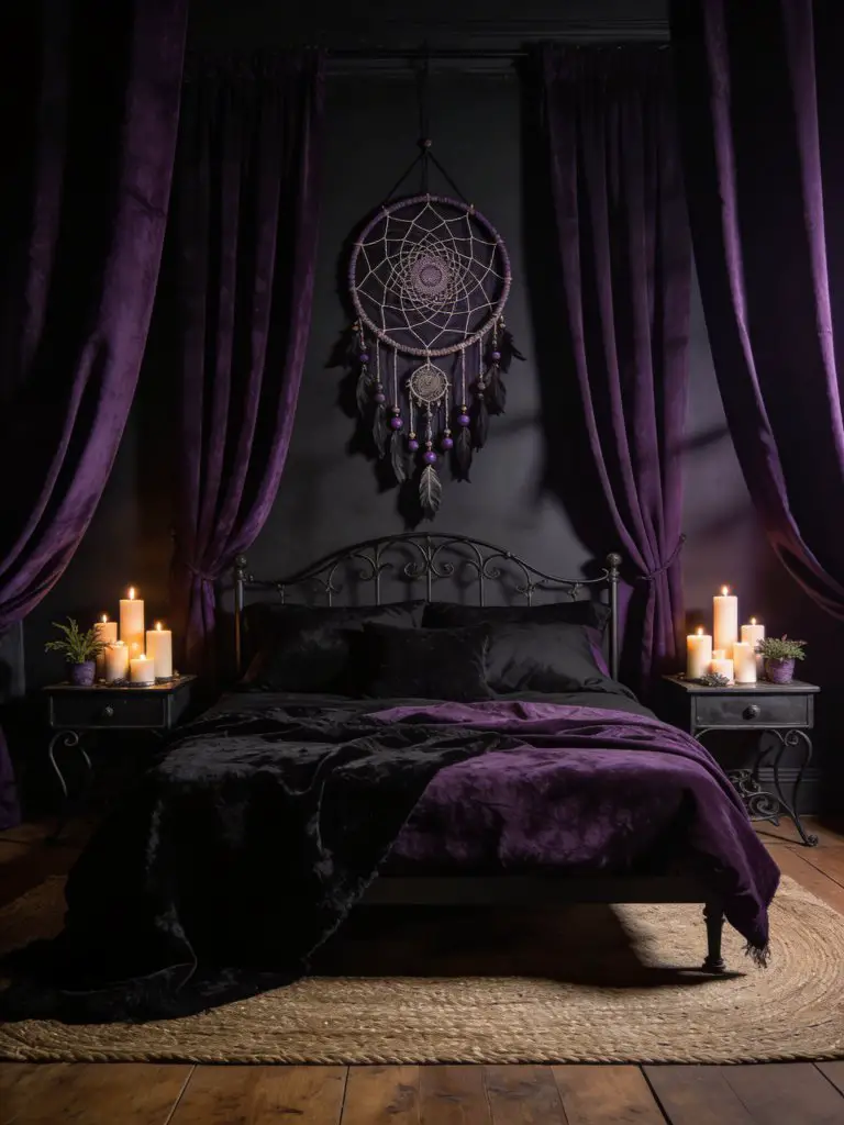A dark, moody purple witch bedroom with gothic undertones, featuring a low-profile bed dressed in black and deep violet bedding as the centr.