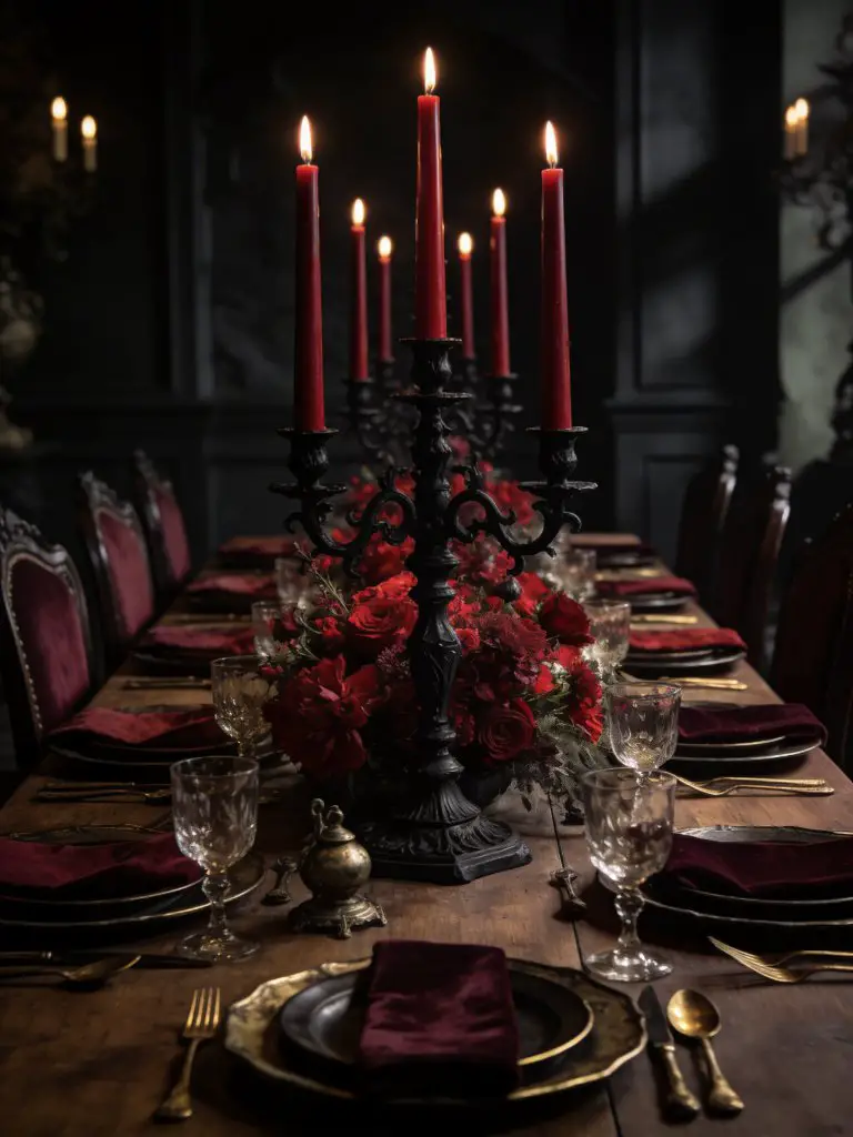 A dark romantic witchy dining room styled with a vintage European influence, centered around a long wooden dining table with a dramatic blac.