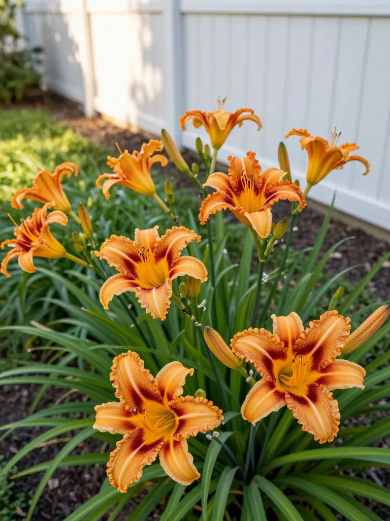 A lively cluster of daylilies in full bloom dominates the foreground, with their ruffled petals in shades of orange, yellow, and burgundy se.