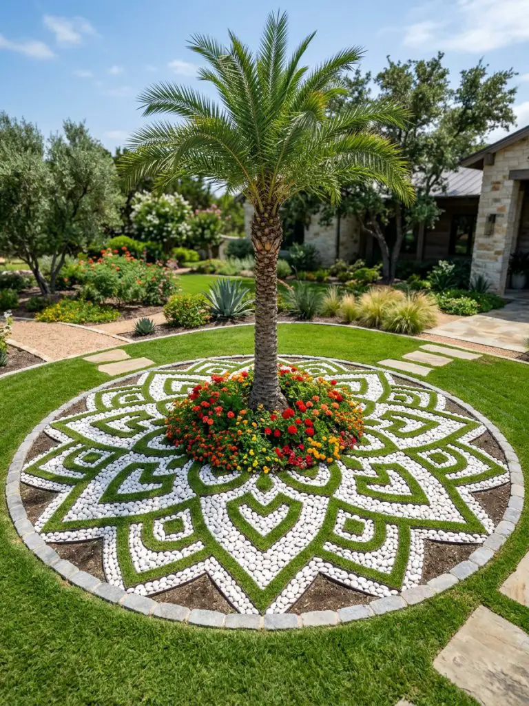 A decorative island flower bed designed as a pebble mandala pattern, blending artistic landscaping with Modern Rustic elegance.