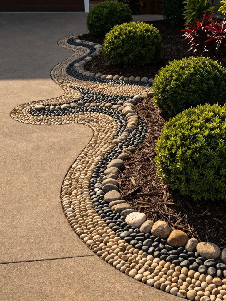 A visually rich driveway border design showcasing decorative pebble patterns combined with sculpted shrubs in a modern landscape style.