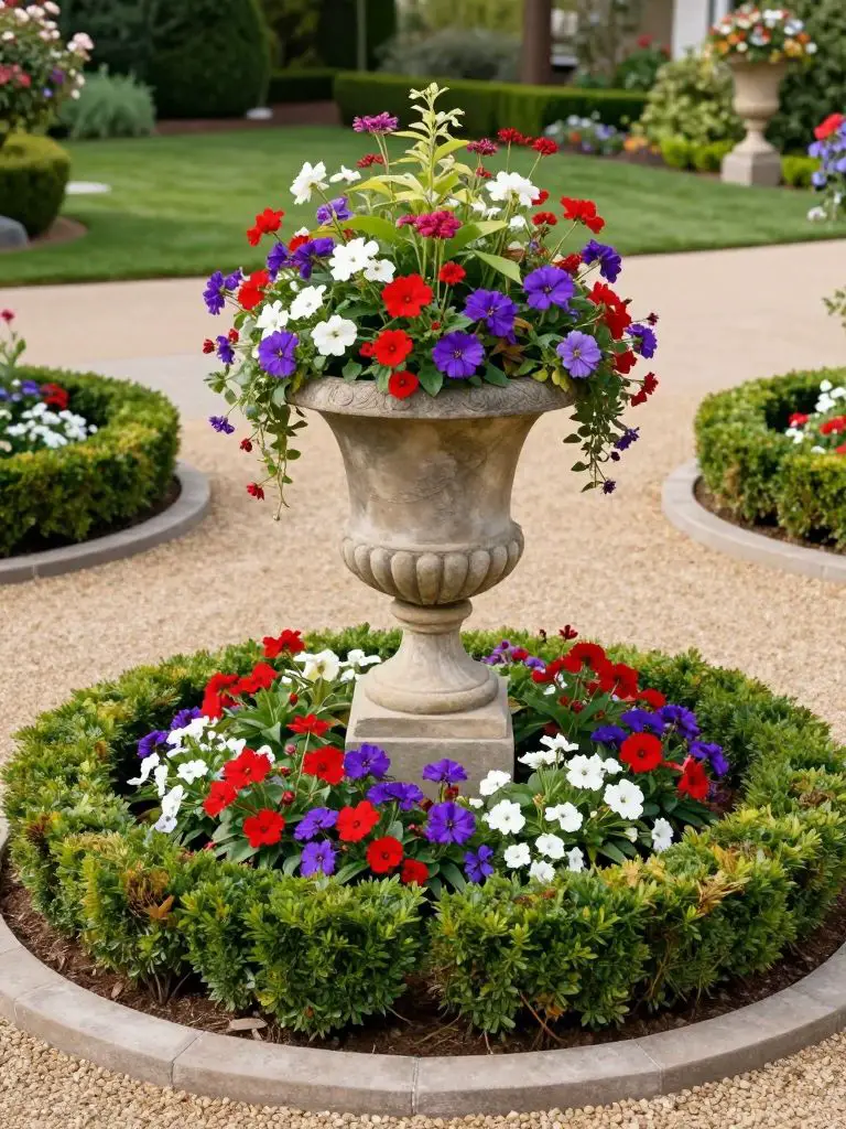 A decorative driveway island featuring a large classical urn planter overflowing with vibrant seasonal flowers.
