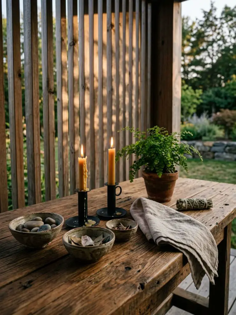 A dedicated personal altar area occupies a quiet corner of a modern rustic porch, featuring a solid reclaimed timber table with visible wood.