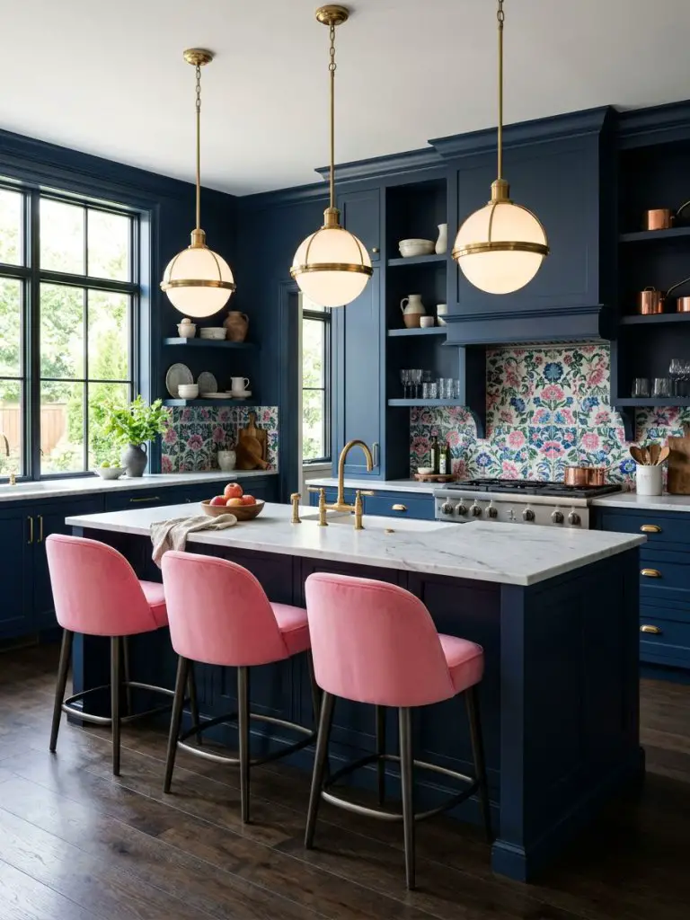 A dramatic kitchen with deep navy blue walls and cabinetry paired with floral backsplash accents and bright pink seating.