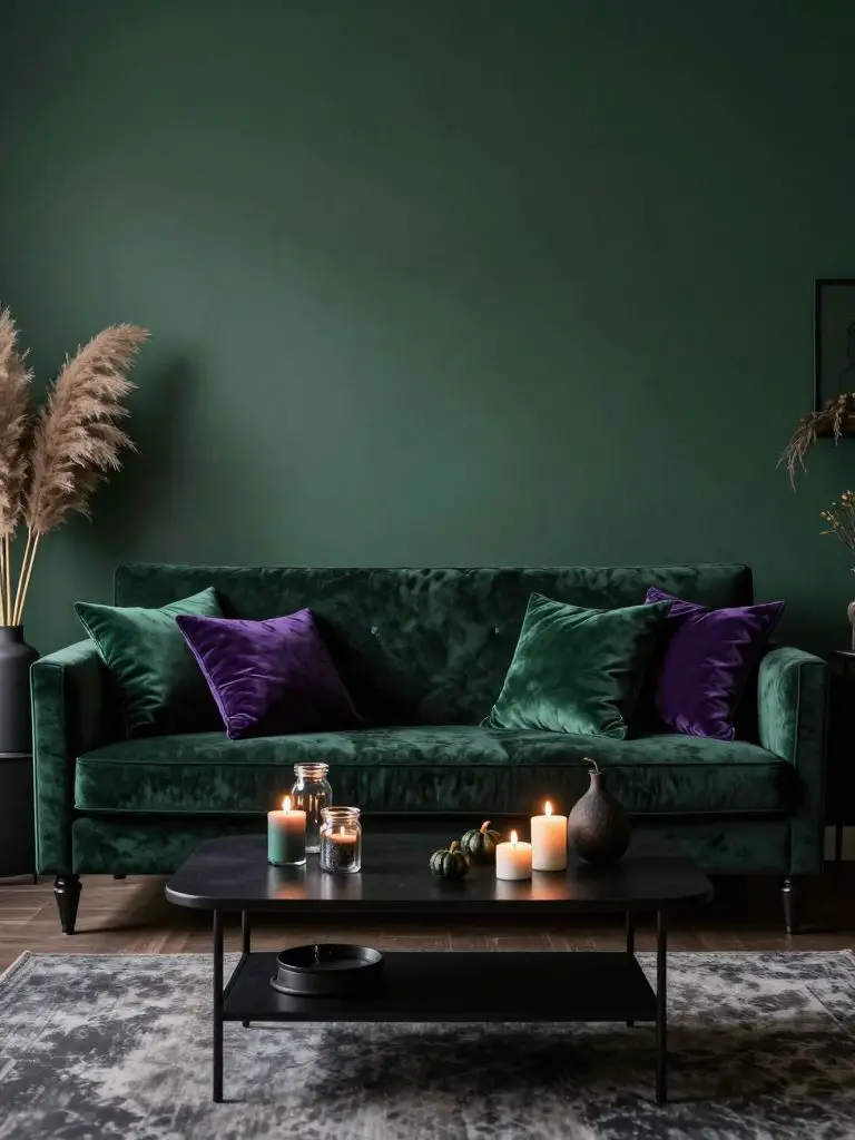 A deep green witchy living room styled with a dark velvet sofa against a matte forest green wall.