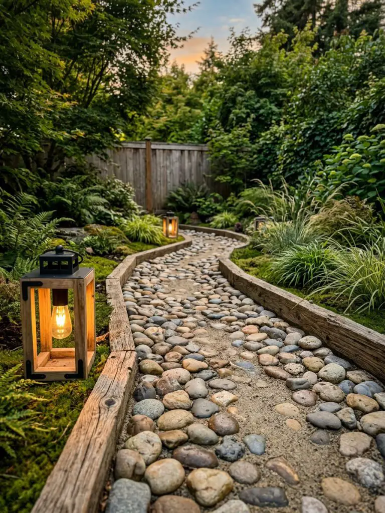 A serene barefoot walking path gently meanders through a private garden, surfaced with meticulously arranged smooth river stones and fine sa.