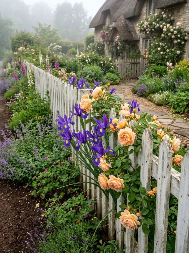 A charming cottage garden scene set against a white picket fence.