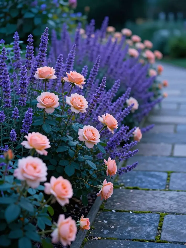 A soft-focus garden walkway edged with compact peach-colored drift roses and spiky purple catmint.