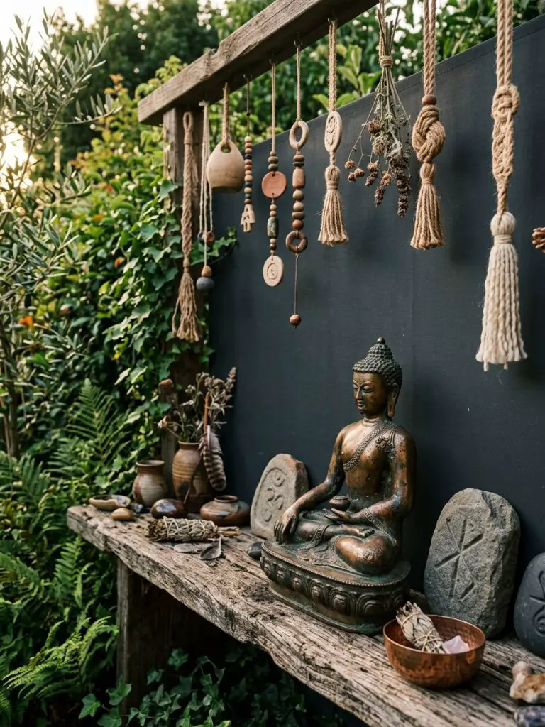 A thoughtfully curated outdoor alcove displays an arrangement of spiritual symbols and handcrafted art objects set atop a low, weathered woo.