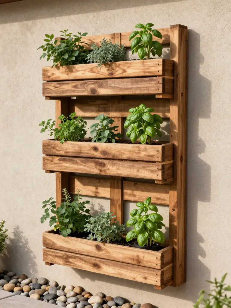 A DIY wall-mounted pallet herb garden in a warm rustic style, attached to an exterior stucco wall.