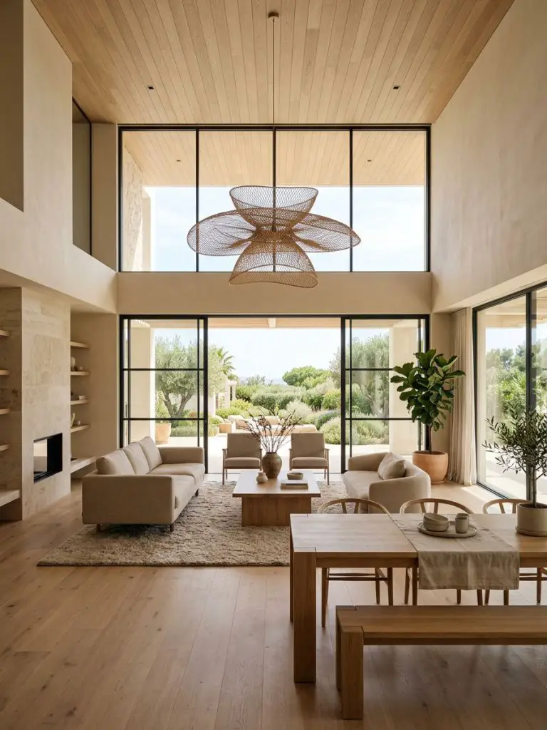A double-height minimalist living room with dining area in a warm minimalist style, featuring light oak ceiling panels, linen sofas, and a n.
