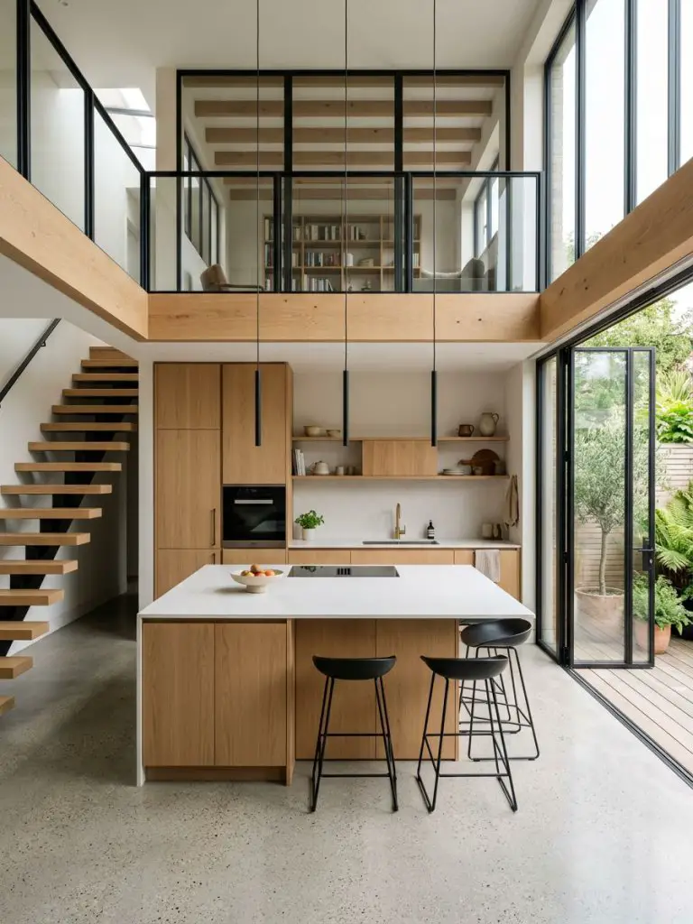 A double-height open concept kitchen designed in a modern minimalist style with subtle warm rustic influences, featuring clean lines and exp.