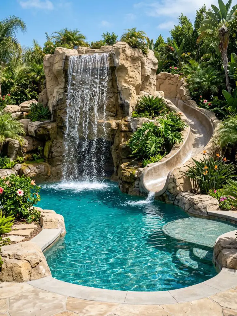 A dramatic backyard rock pool with a sculpted waterfall and integrated slide, designed in a bold natural resort style.