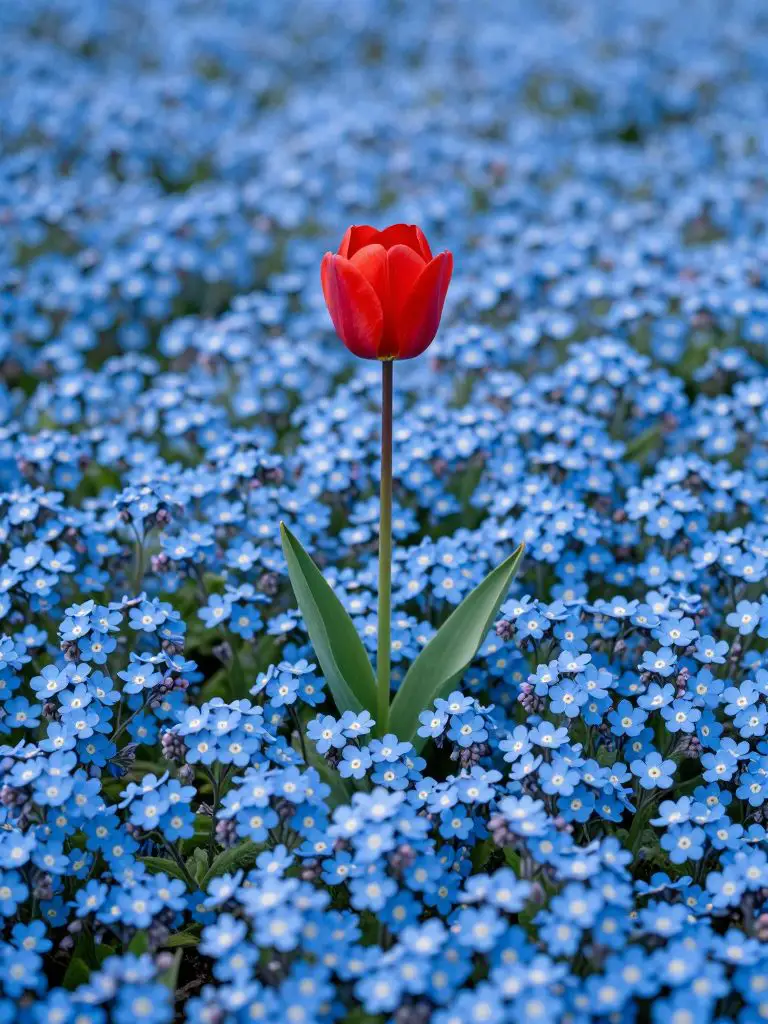 A macro-style landscape shot of a solid carpet of sky-blue forget-me-nots.