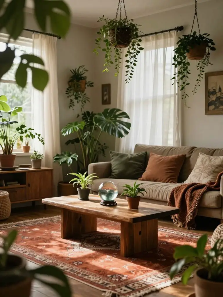 An earthy boho witch living room filled with lush greenery and natural textures.