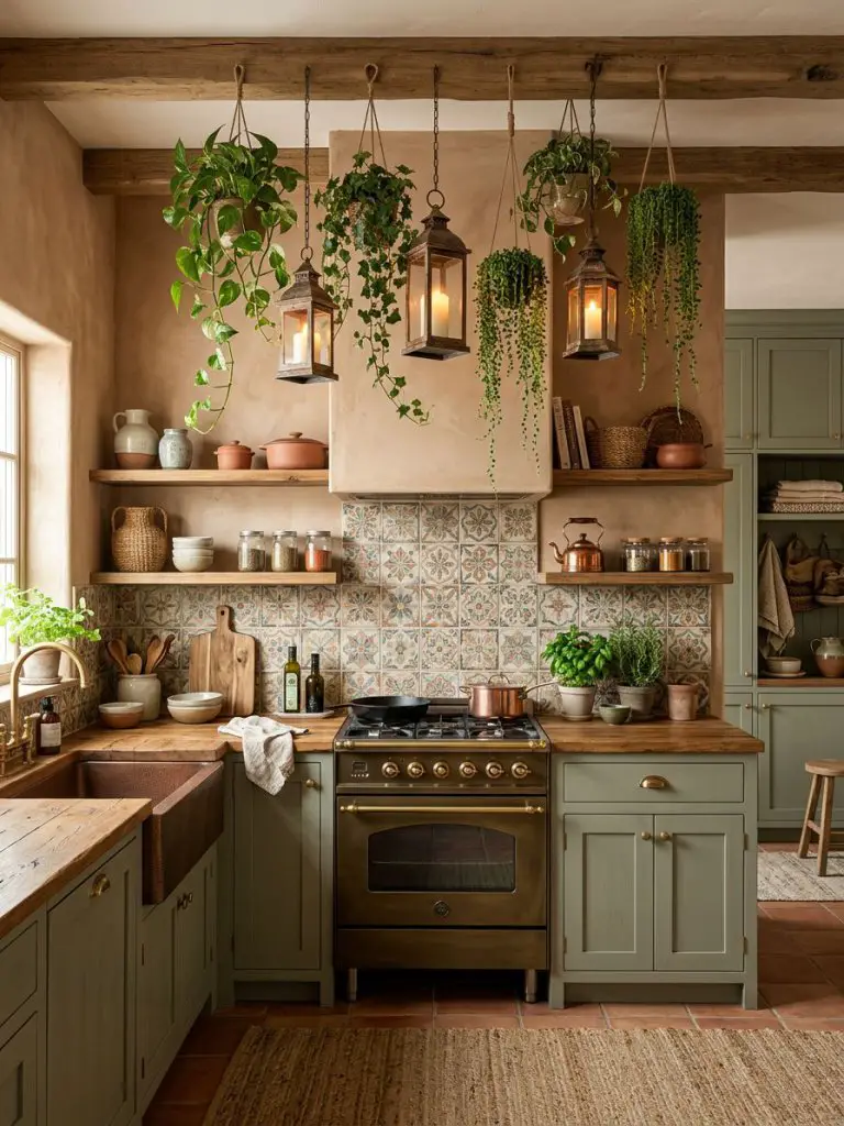 An earthy boho kitchen with muted sage green cabinetry and warm clay walls, blending Modern Rustic with Mediterranean influences.