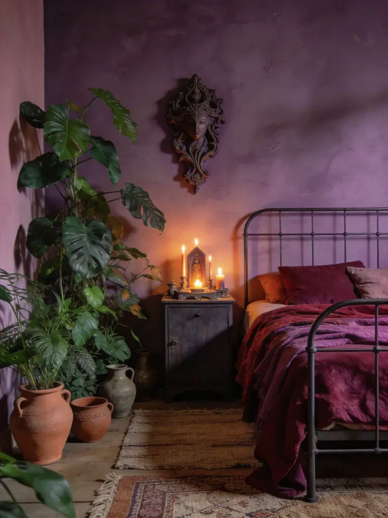 An earthy witchcore purple bedroom blending botanical elements with mystical decor, featuring a simple metal-framed bed layered in burgundy.
