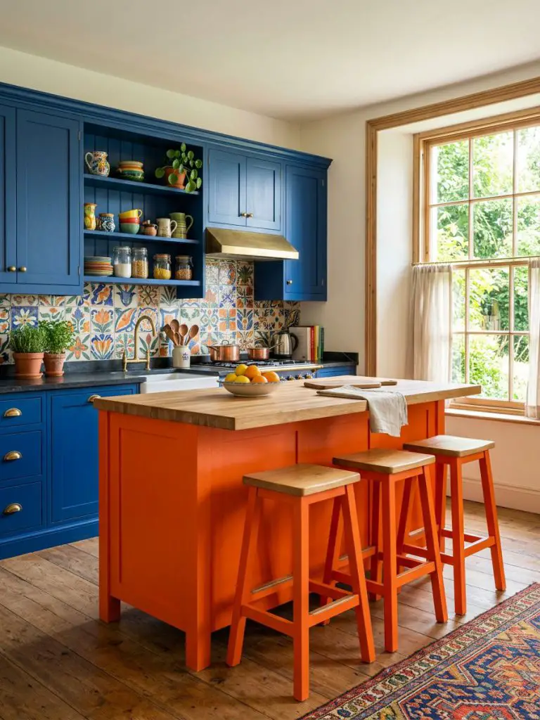 An eclectic farmhouse kitchen featuring bold color blocking with deep blue cabinetry and a vivid orange island base.