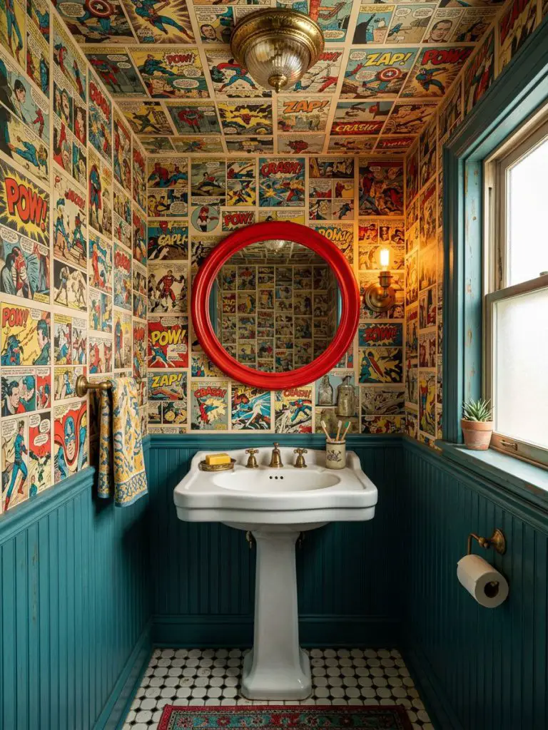 An eclectic vintage tiny bathroom filled with character through bold comic-style wallpaper covering both walls and ceiling.