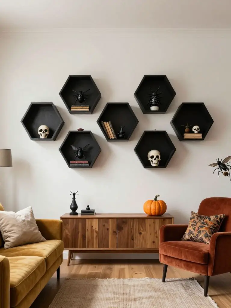 An eclectic witchcore living room wall featuring hexagonal black shelving units arranged symmetrically above a mustard velvet sofa and a rus.