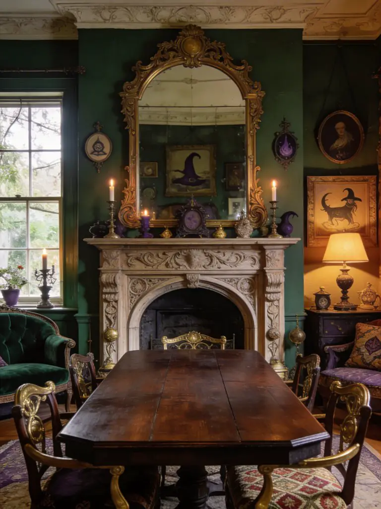 An eclectic witchy dining room with vintage Victorian influence, featuring a dark wood dining table positioned in front of an ornate firepla.