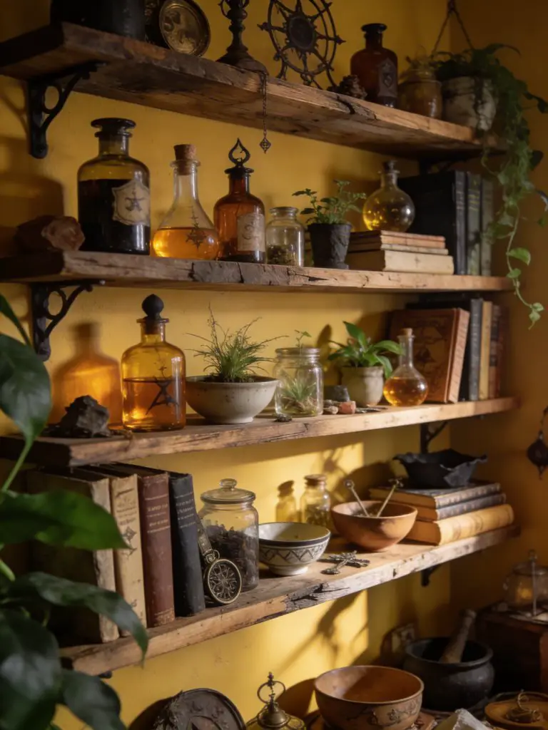 An eclectic witchy kitchen shelf scene featuring layered wooden shelves filled with potion bottles, books, and small plants.