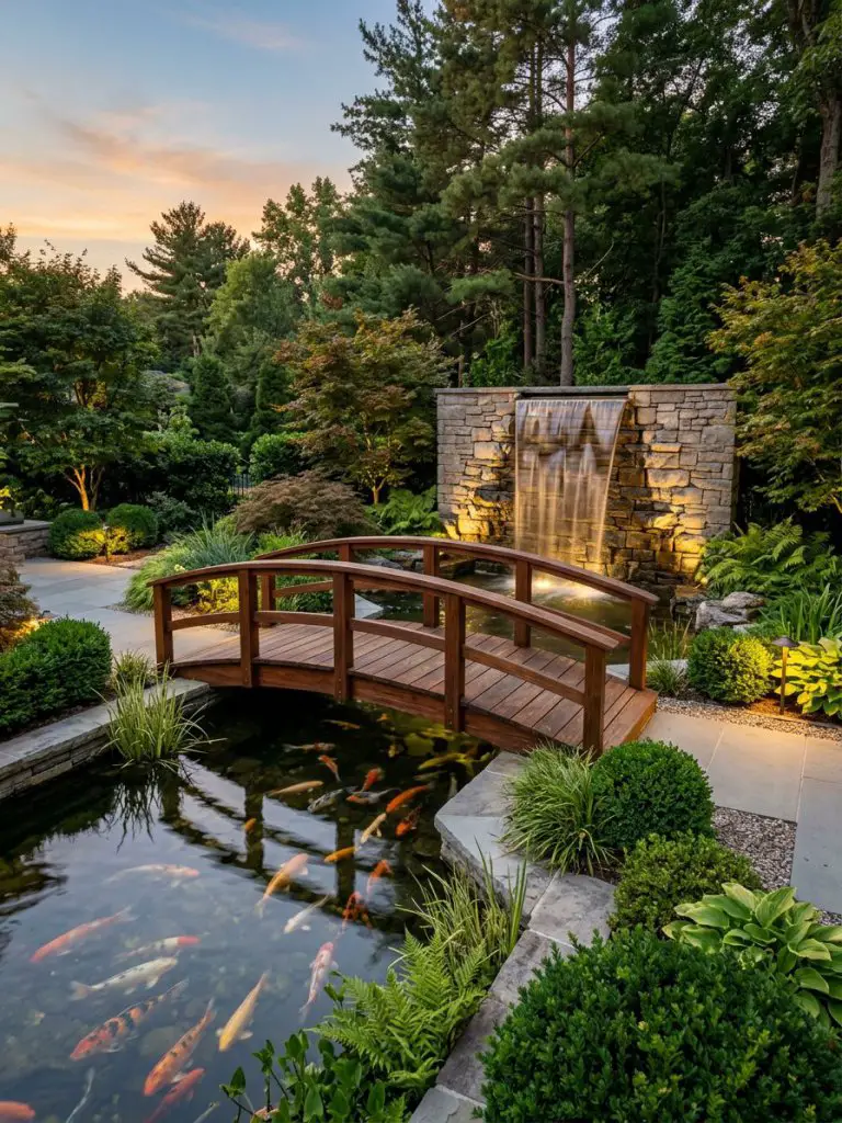 An elegant backyard fish pond garden blending modern rustic and refined landscaping, featuring a structured pond with a wooden arched bridge.