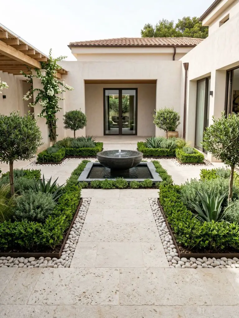 A refined courtyard flower bed designed in a modern Mediterranean meets warm minimalist style, featuring a geometric layout with a central s.