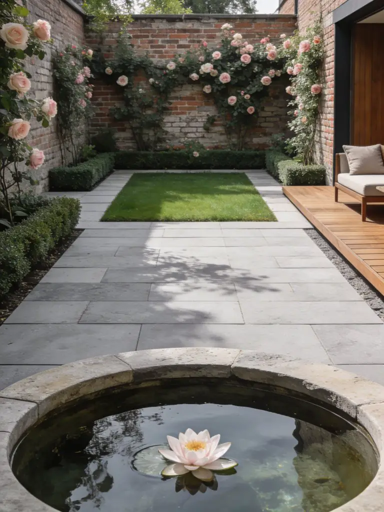 An elegant courtyard-style square garden with a refined water feature as the focal point.