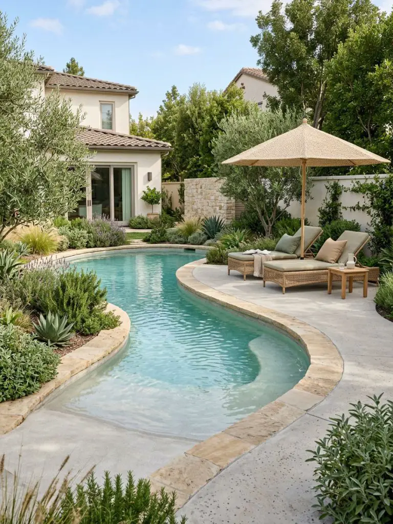 An elegant curved beach pool backyard designed with a soft garden lounge aesthetic, featuring flowing pool lines and integrated planting bed.