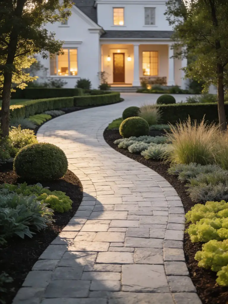 A refined suburban front yard showcasing a curved stone paver driveway in a warm minimalist and modern rustic landscape design.
