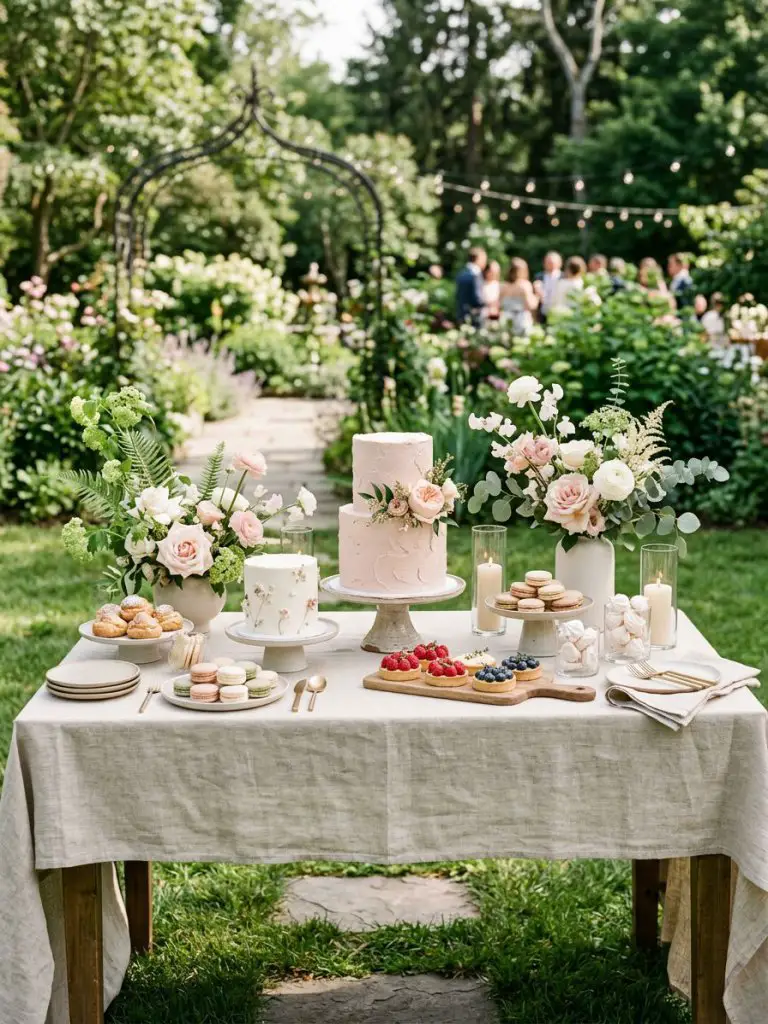 An elegant garden wedding dessert table styled in Warm Minimalist design, with a curated display of cakes and pastries as the focal point.