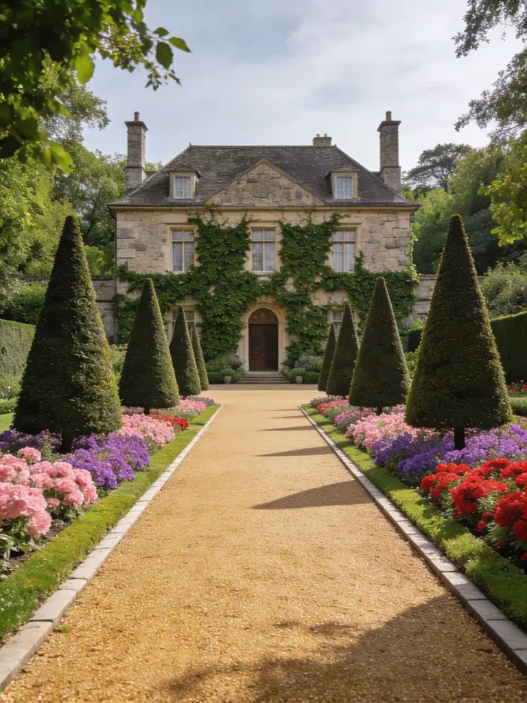 An elegant estate-style gravel driveway bordered by formal flower beds and manicured greenery, designed in a classic European garden aesthet.