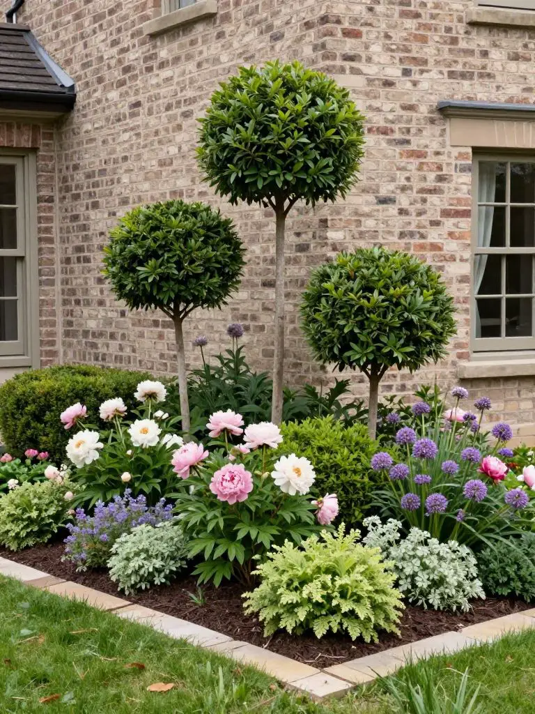 An elegant front yard flower bed designed in a warm minimalist garden style with modern rustic influence, set against a classic brick home f.