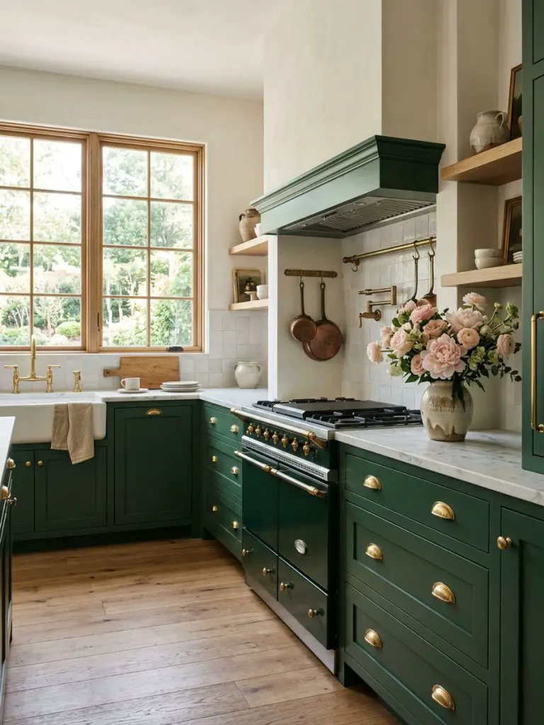 An elegant farmhouse kitchen with rich green cabinetry, white marble countertops, and polished brass hardware accents.