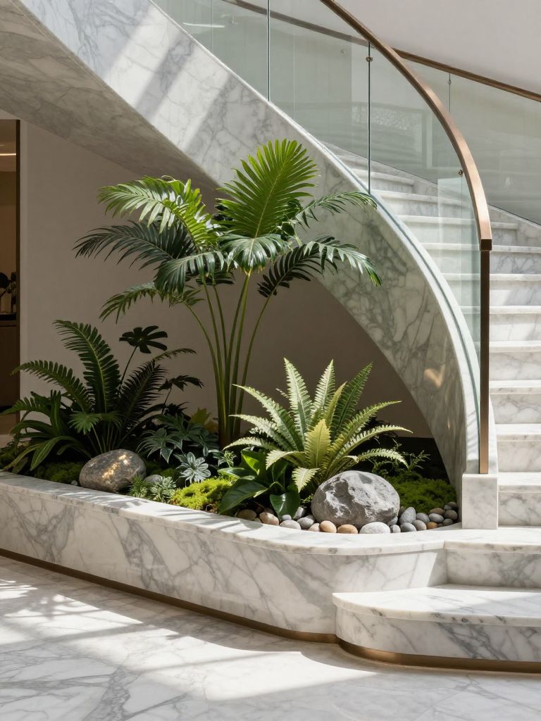 An elegant small garden under a marble staircase featuring sculpted greenery and decorative stones in a refined modern setting.