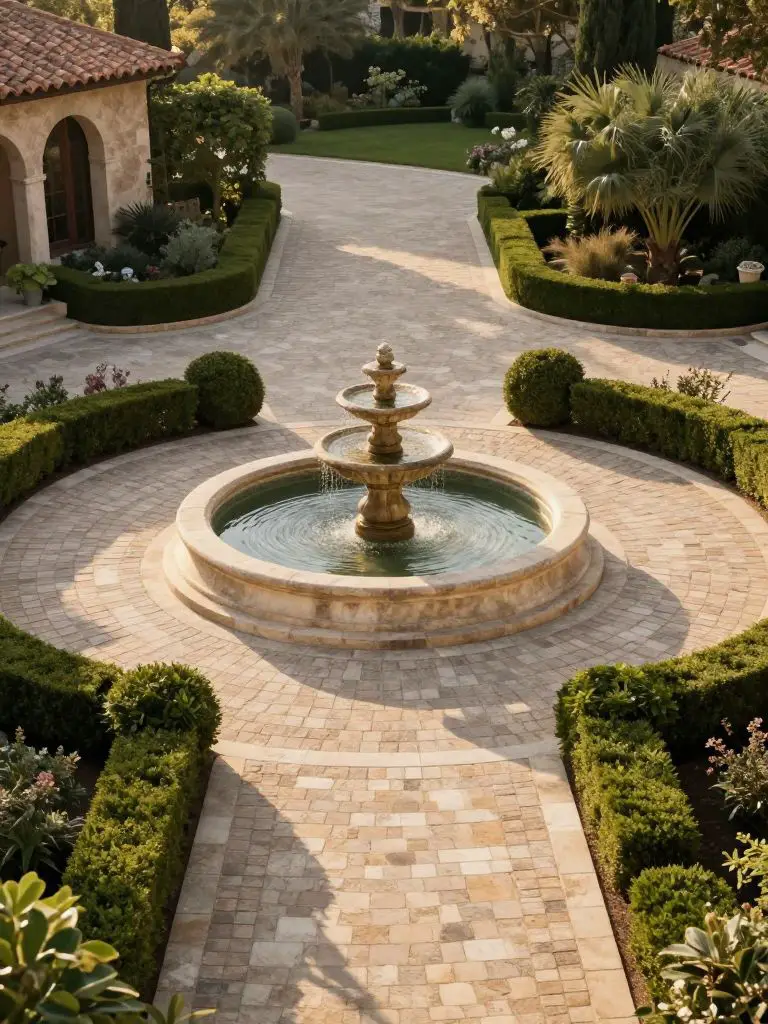 An elegant Mediterranean-style circular driveway with a tiered stone fountain as the central focal point.