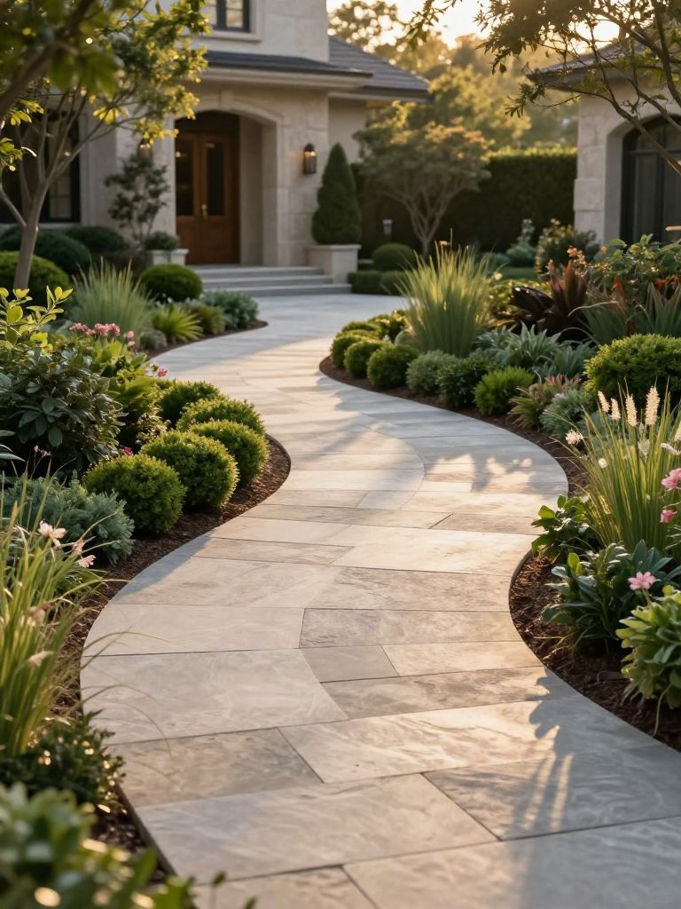An elegant front yard driveway landscaping scene with a gently curving natural stone pathway in a warm minimalist style.