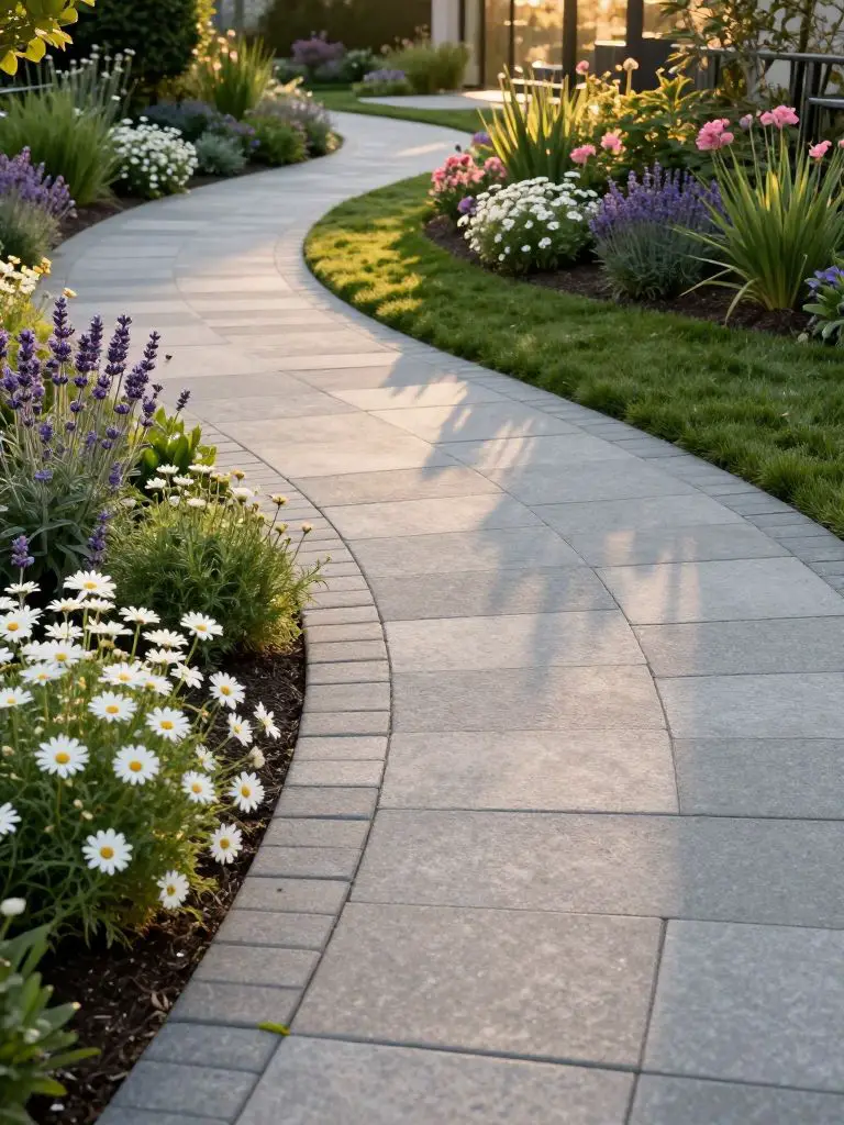 A refined garden walkway edged with uniform paver stones, forming a smooth curved border between a manicured lawn and layered flower beds in.
