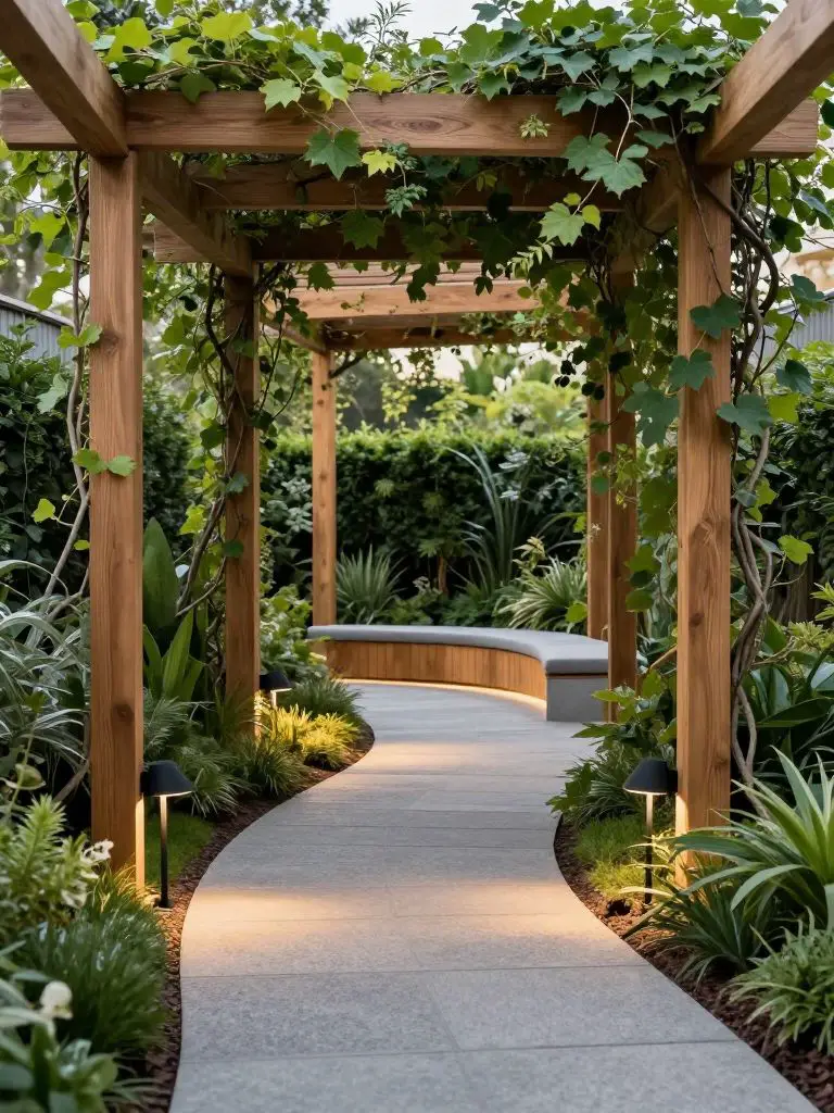 A refined pergola walkway garden in Japandi and modern rustic style, featuring a gently curving narrow path bordered by lush greenery and lo.